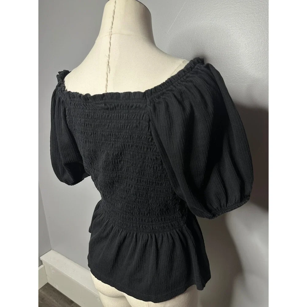Old Navy Womens Black Smocked Peplum Top Puff Sleeve Square Neck Gauze Large